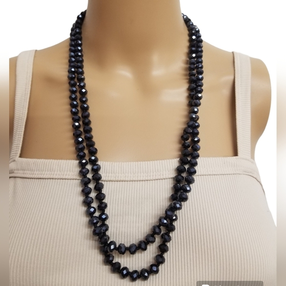 VINTAGE LONG DARK BLUE/BLACK FACETED CARNIVAL GLASS BEAD NECKLACE - Picture 1 of 4